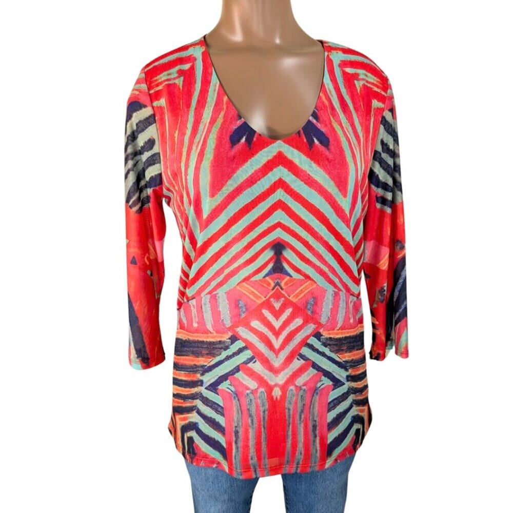 Tribal Small V-Neck 3/4 Sleeve Multicolor Silky Blouse